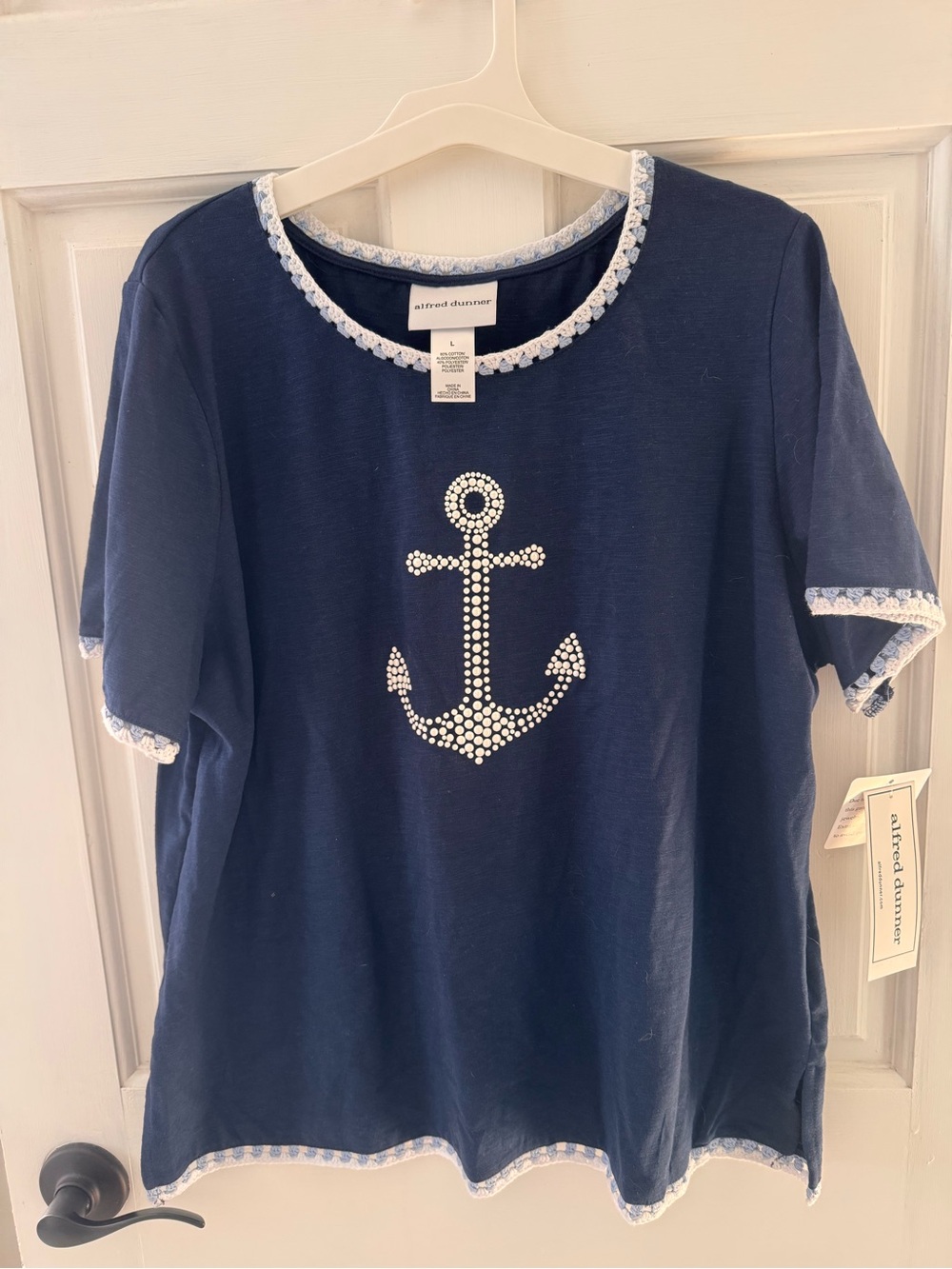 Alfred Dunner Navy Short Sleeve Tee with Pearl Anchor